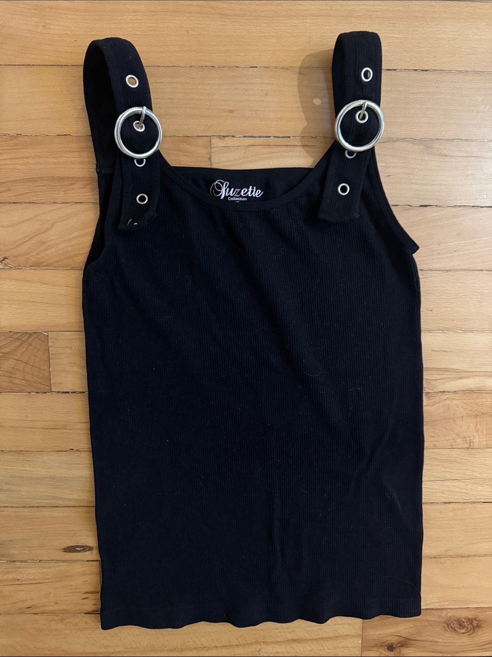 Suzette Black Ribbed Tank with Silver Ring Straps Medium